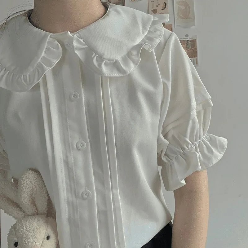 Japanese Girl Cute Soft Girl with Wooden Ear Edge Lolita Versatile Doll Neck Patchwork Button Solid Color Short Sleeved Jk Shirt
