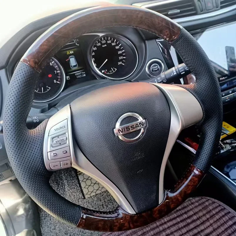 

For Nissan Teana 2013-2018 Manual Hand Sewn Needle Thread Car Steering Wheel Cover Car Accessories Genuine Leather Wood