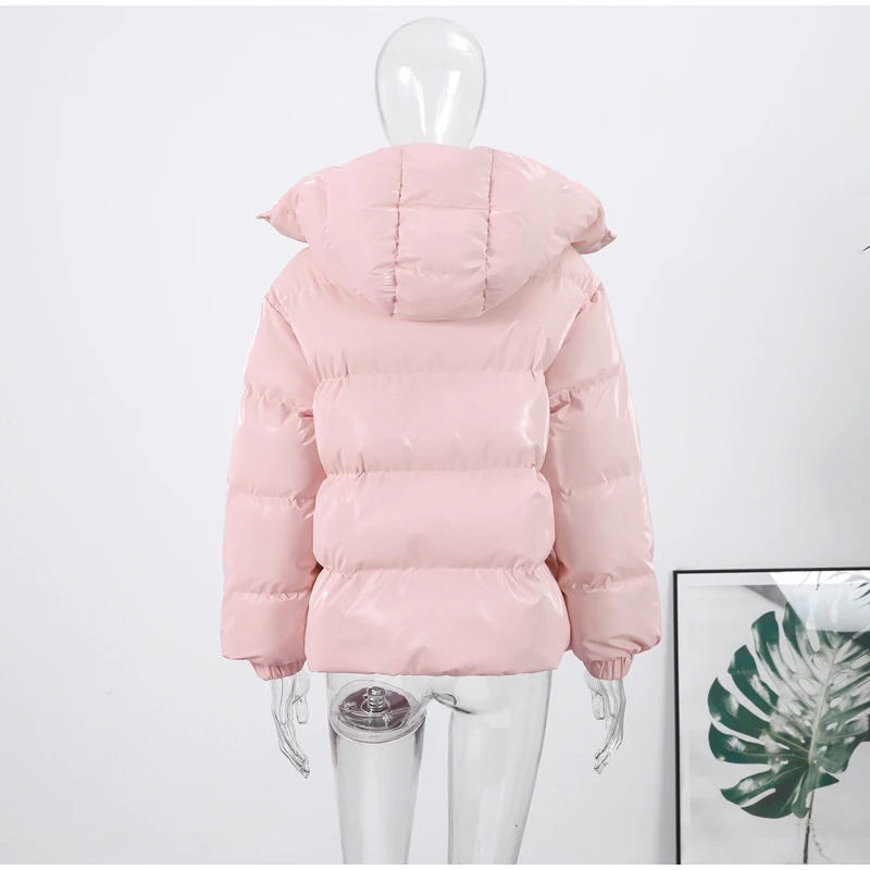 Schicker, glänzender, gepolsterter Mantel mit Kapuze für Damen, lässig, geschwollener Stehkragen, kurze Daunenjacke, Baumwollmäntel, weiblich, 2025, Winter-Straßen-Oberbekleidung – Detail 15