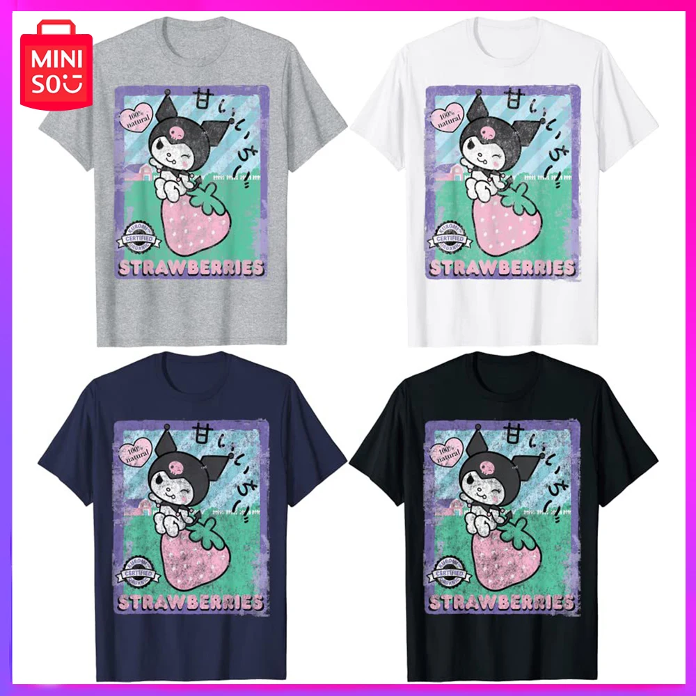 

Miniso Sanrio Kuromi New Summer Couple Fashion Vintage Cute Print Short Sleeve T-Shirt Black Birthday Christmas Girl Boy Gift