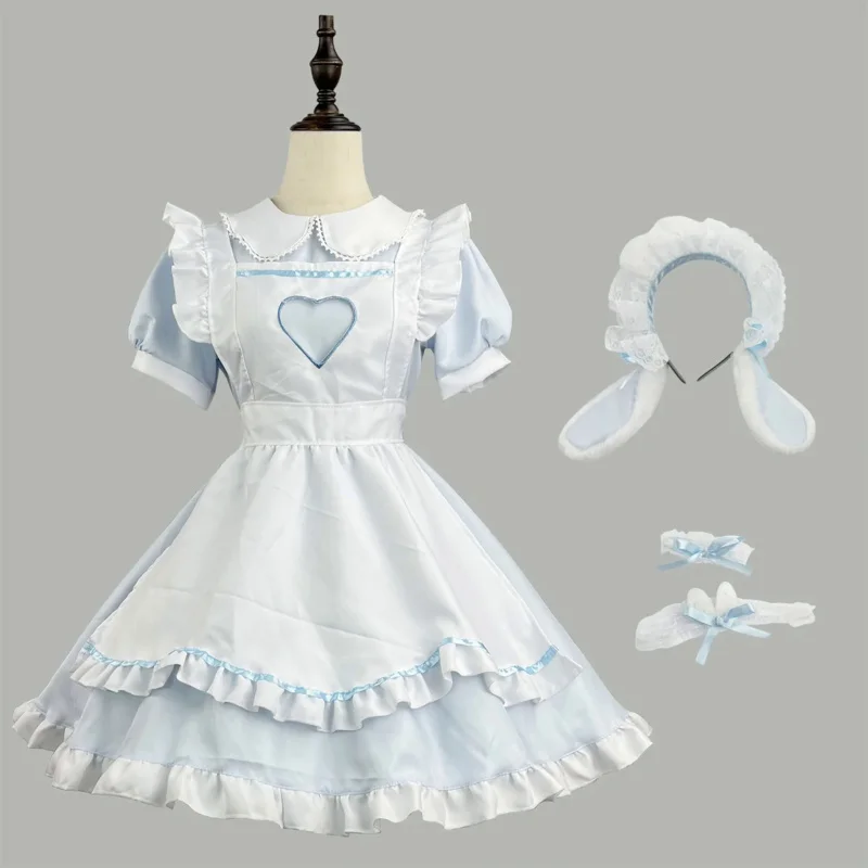 

New Blue Cute Heart Lolita Maid Dress Costumes Cosplay Love Girl Maid Dress Suit for Waitress Maid Party Stage Costumes S -5XL