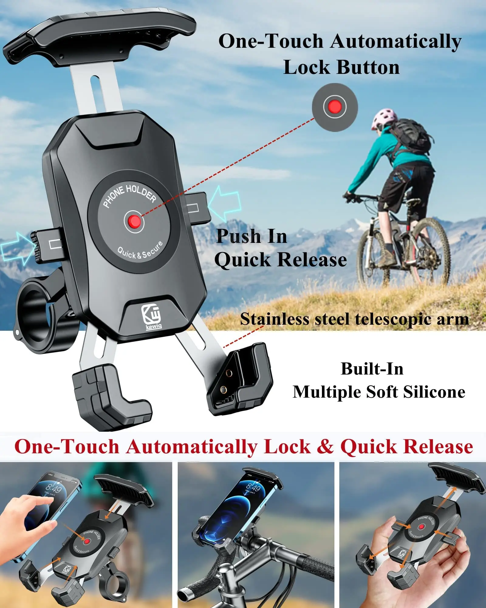 Universal Quick-Lock Handlebar Phone Mount for Motorcycles, Bicycles, ATVs, and Scooters