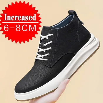 Men's Genuine Leather Casual Sports Shoes New Elevator Shoes 8cm 6cm Invisible Height-Enhancing Shoes Men's Elite Sneakers