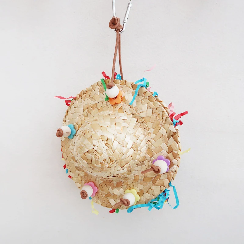 Handmade Straw Weaving Cap Shape Parrots Chew Toy Birdcage Hanging Swing Toy Bird Chew Standing Perches for Cockatiel Conure