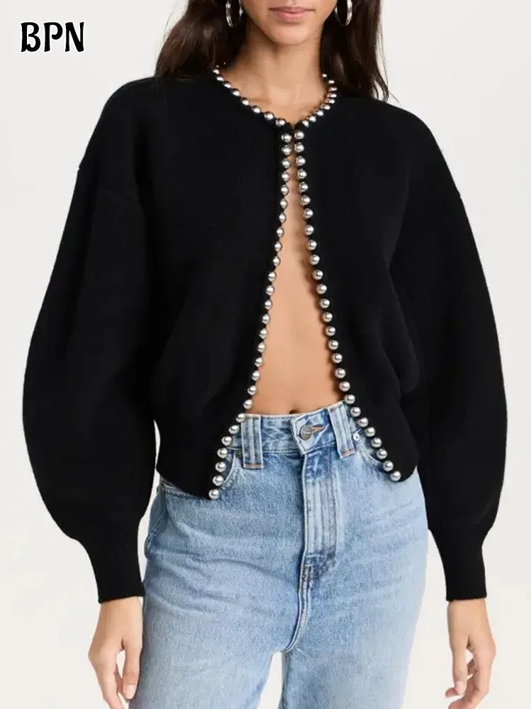 

BPN Minimalist Knitting Jackets For Women Round Neck Long Sleeve Solid Spliced Pearls Loose Autumn Cardigan Female Fashion Style