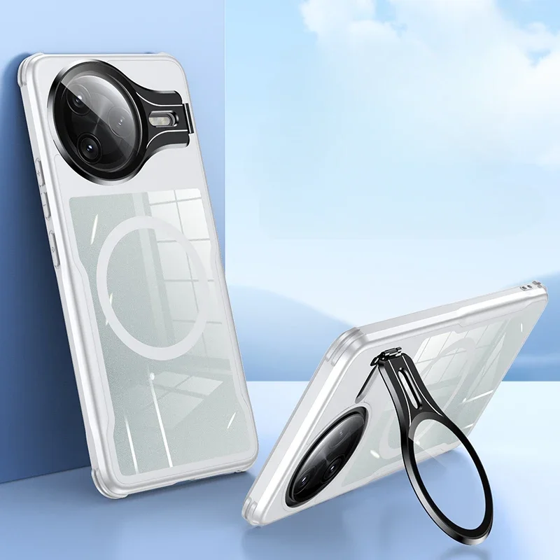 Luxury Acrylic Clear Magnetic Wireless Charge Shockproof Case with Camera Lens Protective Bracket Cover
