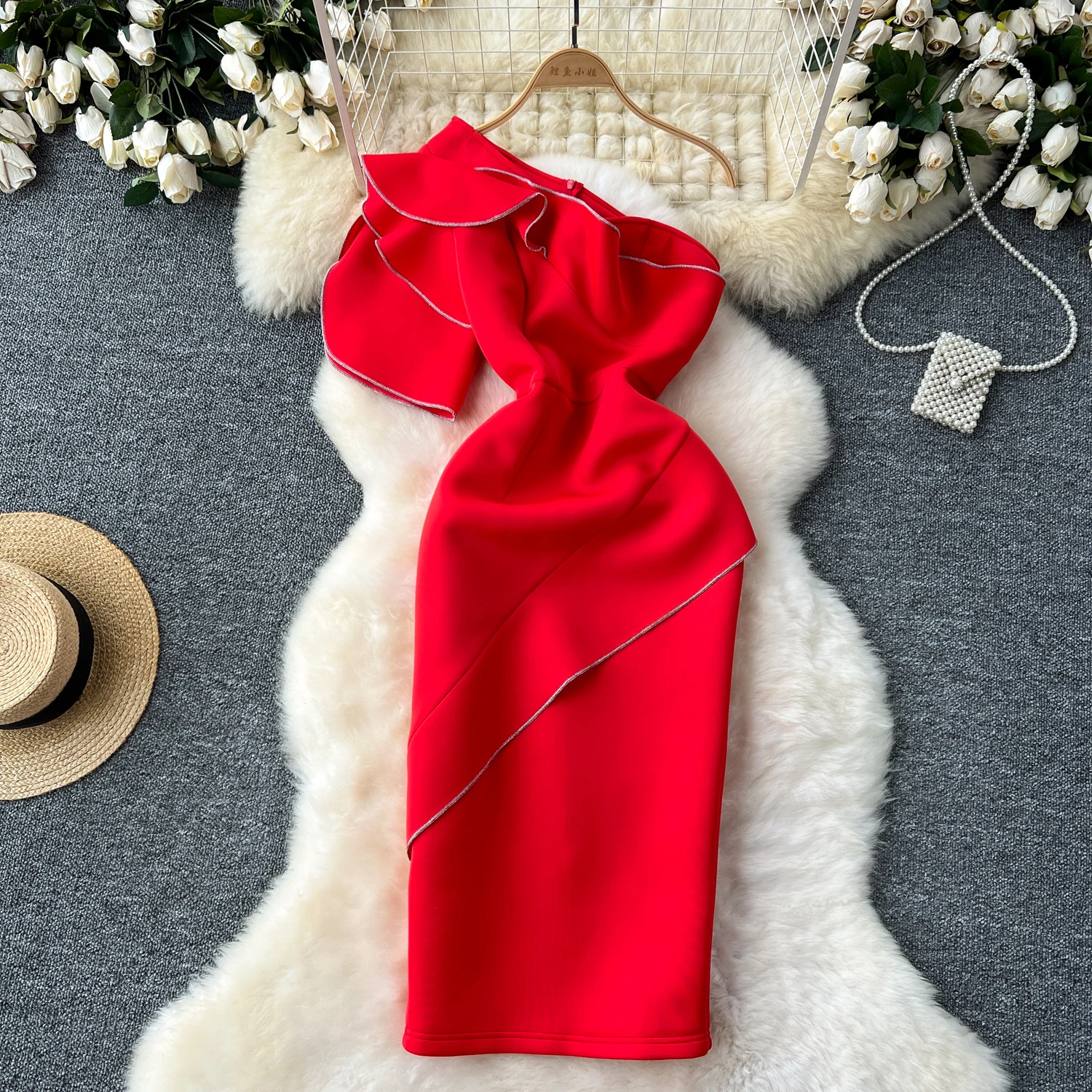 

Elegant Sexy Backless Diagonal Collar ruffle Off Shoulder Dress Summer Beach Vacation Vestidos Slim Women Party dresses