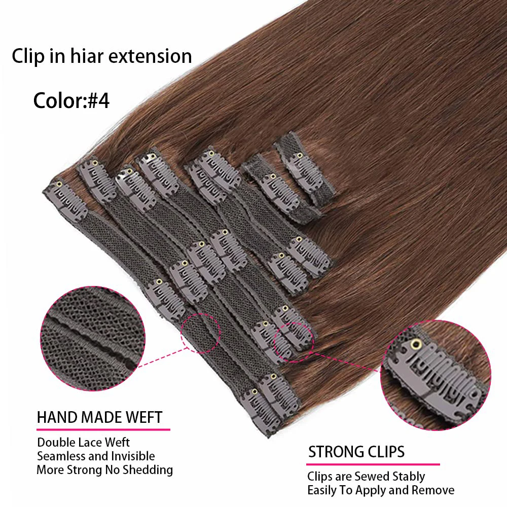 Clip nelle estensioni dei capelli #4 capelli castani veri capelli umani doppia trama 8 pezzi estensioni dei capelli Clip ins capelli umani lisci per donna