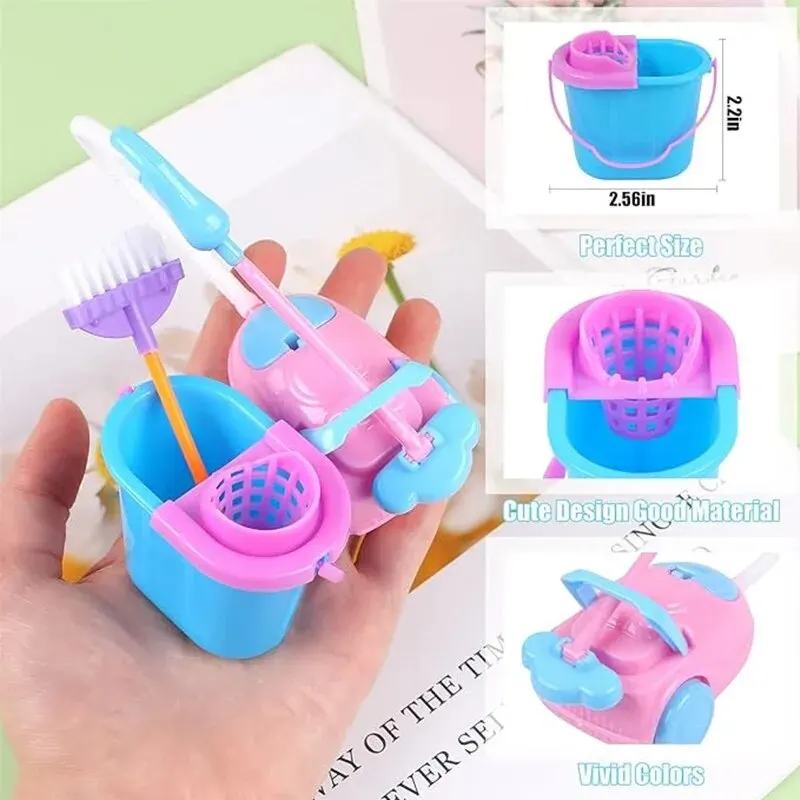 Miniature doll house supplies 9PCS Miniature Doll House Cleaning Supplies Mini Bucket Mop Brush Broom Housework Cute Tool Set Furniture Accessories Kid BJD
