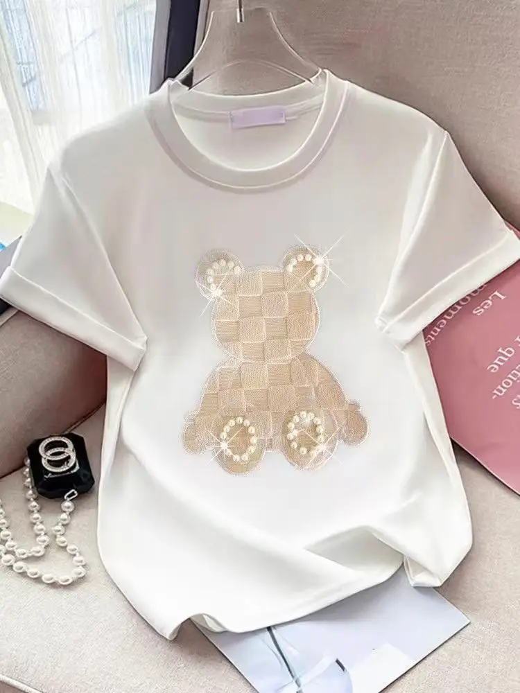 Korean Luxury Embroidery Bear Diamond T Shirts Cute Cartoon