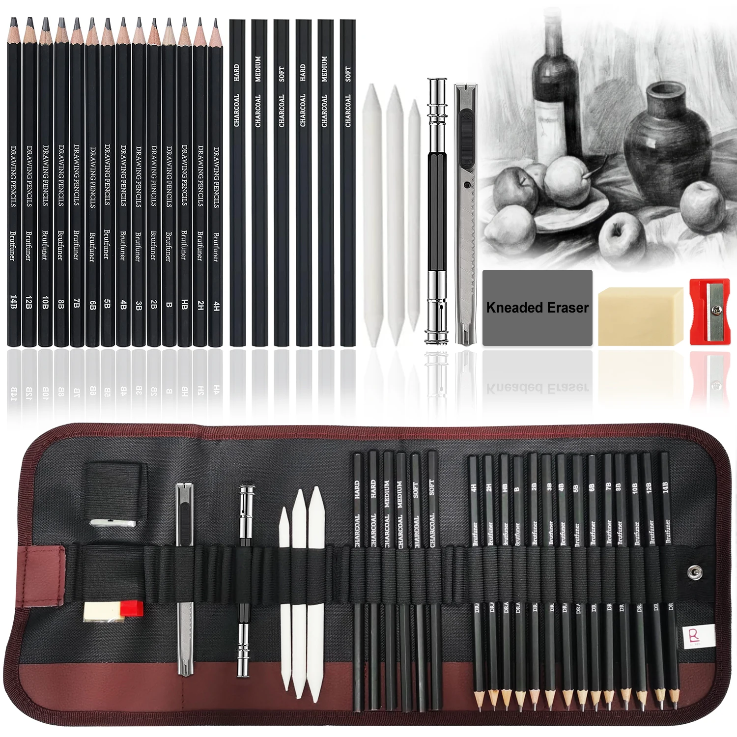Drawing Set 29Pcs Sketching Pencils Portable Pen Curtain-Charcoal Charcoal Stick Sharpener Eraser