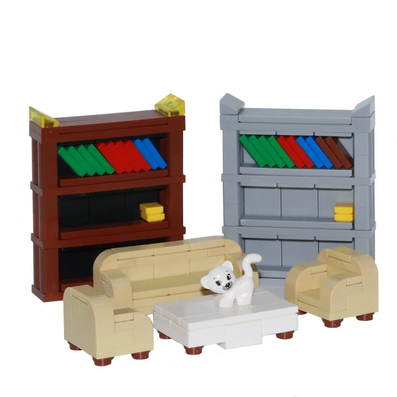 

City MOC Accessories House Sitting Room Furniture Sofa Table Double Bed Building Blocks DIY Bookshelf Bricks Construction Toys