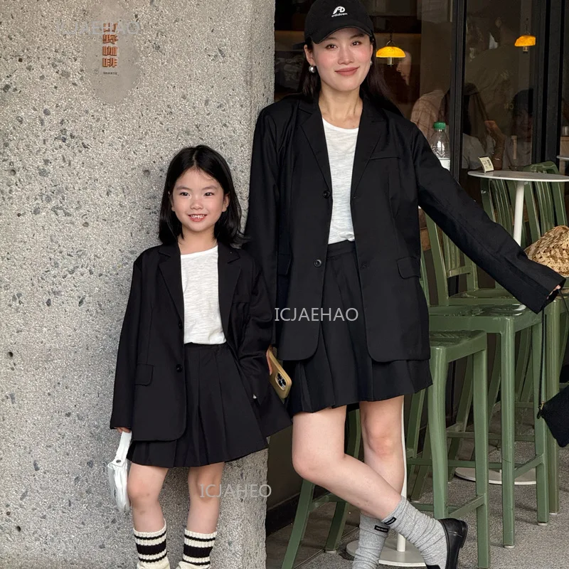 Family Clothing Matching Mother Daughter Blazer Set Korean Style Loose Fit Academic Plaid Skirt Suit Autumn Mom and Girl Outfit - 4