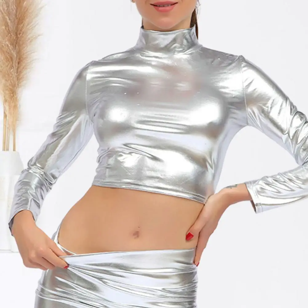 

Women Top Glossy Faux Leather Half-high Collar Women's Club Top with Waist-exposed Long Sleeve Skinny Pullover Elastic Nightclub
