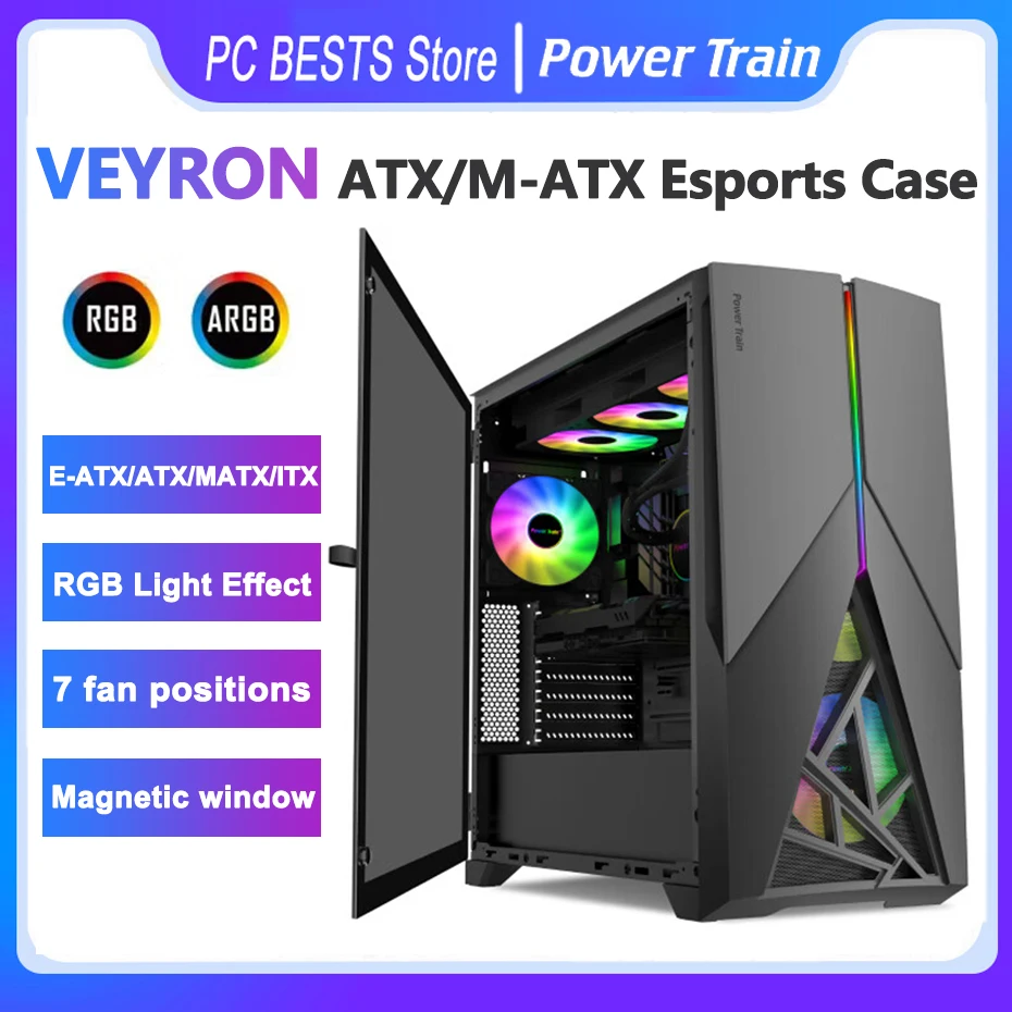 

Power Train Veyron Esports Case E-ATX ATX ITX Gaming Desktop Chassis Supports Dual 360 Water-cooled Magnetic Snap Tab Window