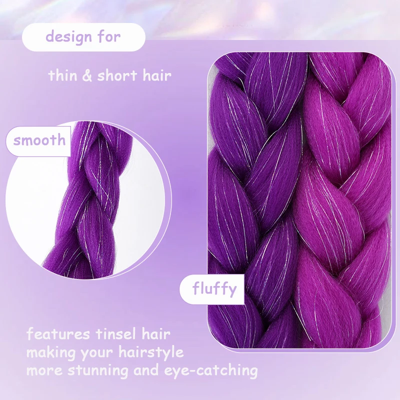 Synthetic Jumbo Braids with Tinsel Hair for Braiding Colored Shiny Hair Extensions Hairpiece for Kids&Women Christmas Party Use