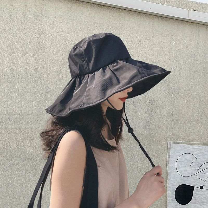 UPF50+ UV Protection Wide Brim Sun Hat for Women, Summer Face Covering Outdoor Beach Sunscreen Hat with Black Lining