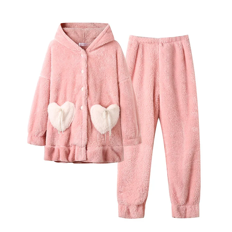 Sweet Lovely Pajamas Set Thick Warm Coral Fleece Homewear Winter Flannel Lounge Soft Plush Sleepwear Women Home Suit Pijama