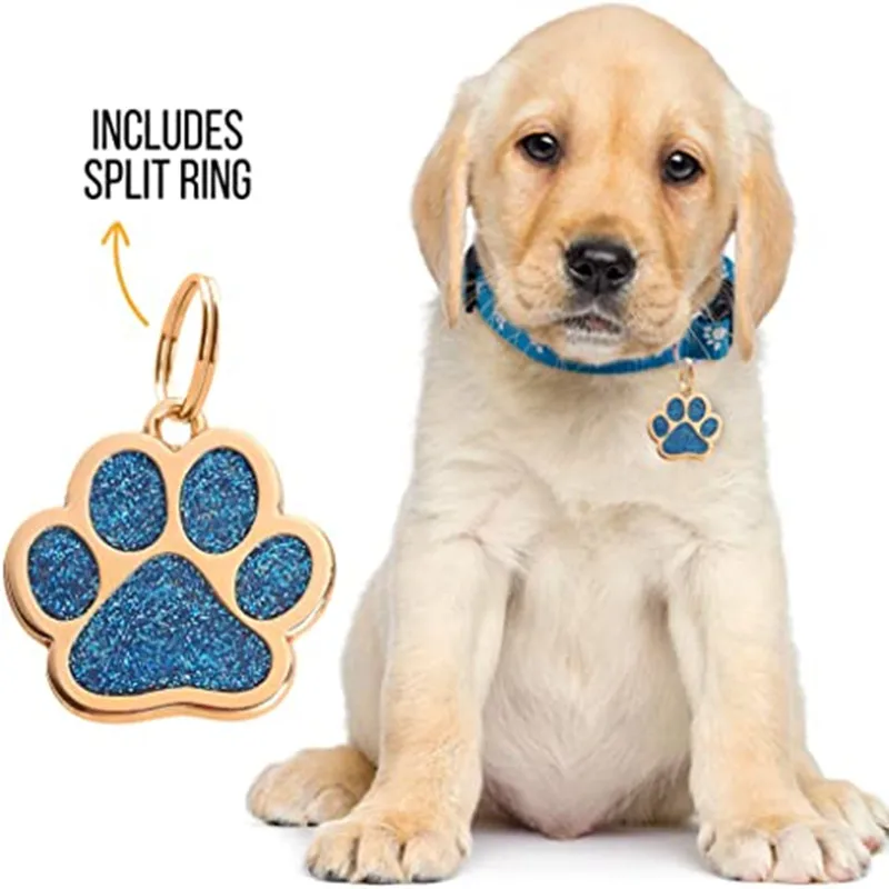 Pet ID Tags Laser Engraved Name Gold Paw Shape Dog Glitter for Puppies pet id tags,dog collar tags,pet id medal pendant,id tag keychain,id tag holder