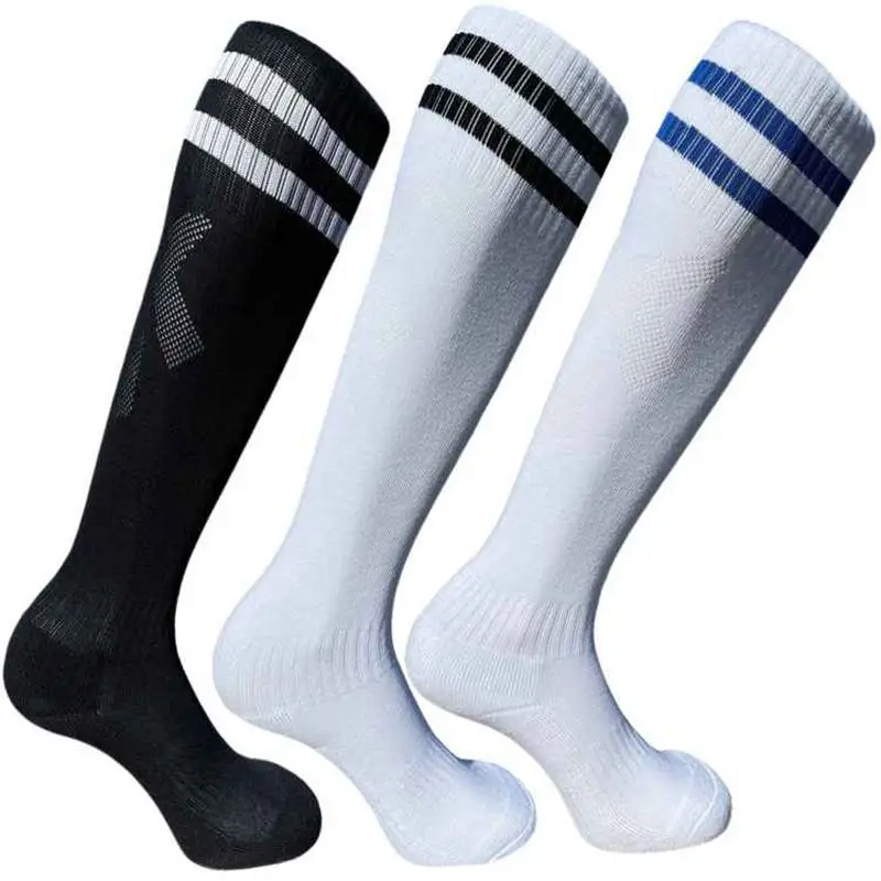 Calcetines de fútbol para hombre, calcetines deportivos de alta ayuda, calcetines de entrenamiento para estudiantes, calcetines gruesos con parte inferior de toalla para adultos, calcetines a rayas de dos polos, calcetines de fútbol