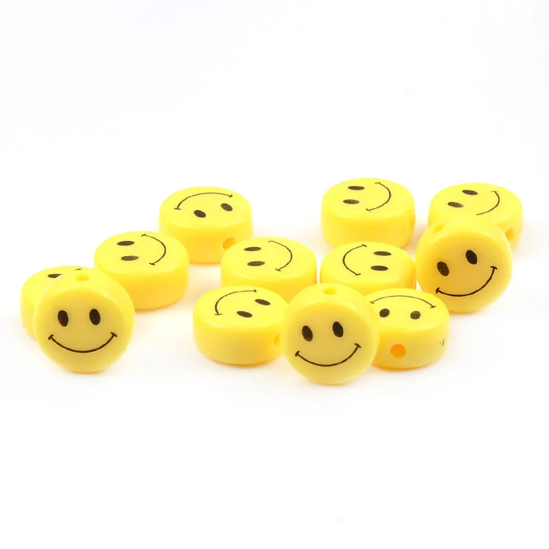 10mm 12mm Flat Round Yellow Beads Smile Face Beaded for Woman