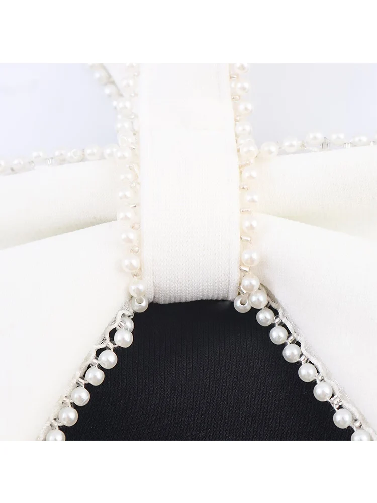 TFMLN Fashion Women Black White Contrast Color Halter Dress New Elegant Backless Sleeveless Pearl  Dresses Female Party Gown