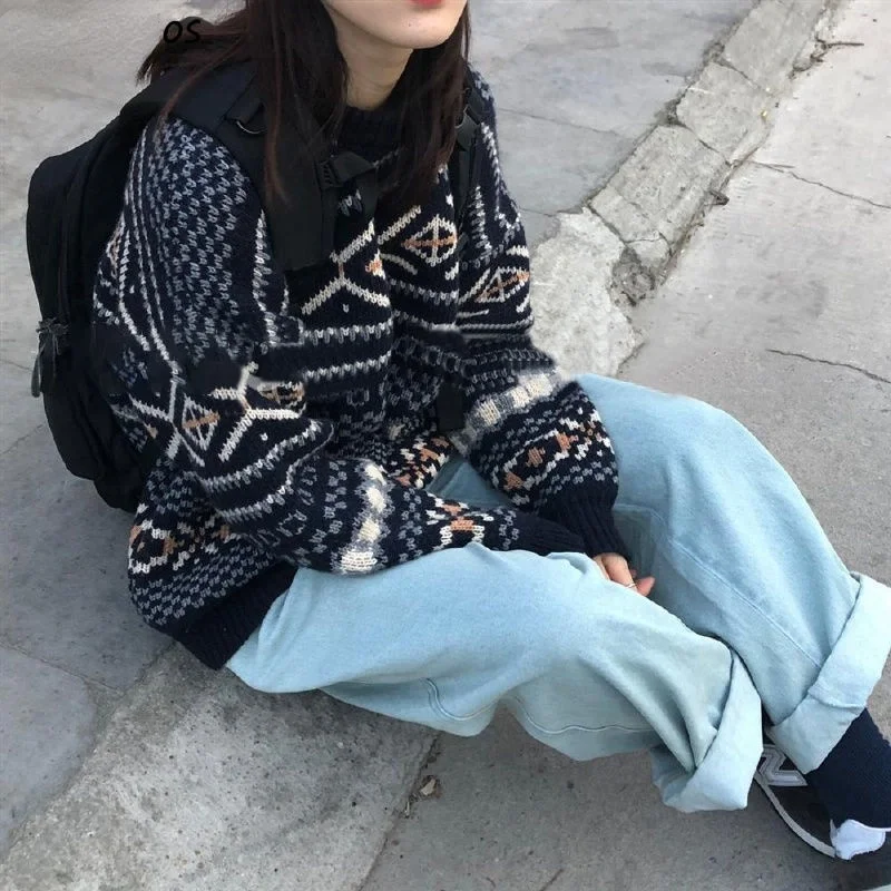 

Sweaters Women Jacquard Knitted Casual Lady Pullover Sweater Female Autumn-winter Retro Jumper Loose All-match Harajuku Korean