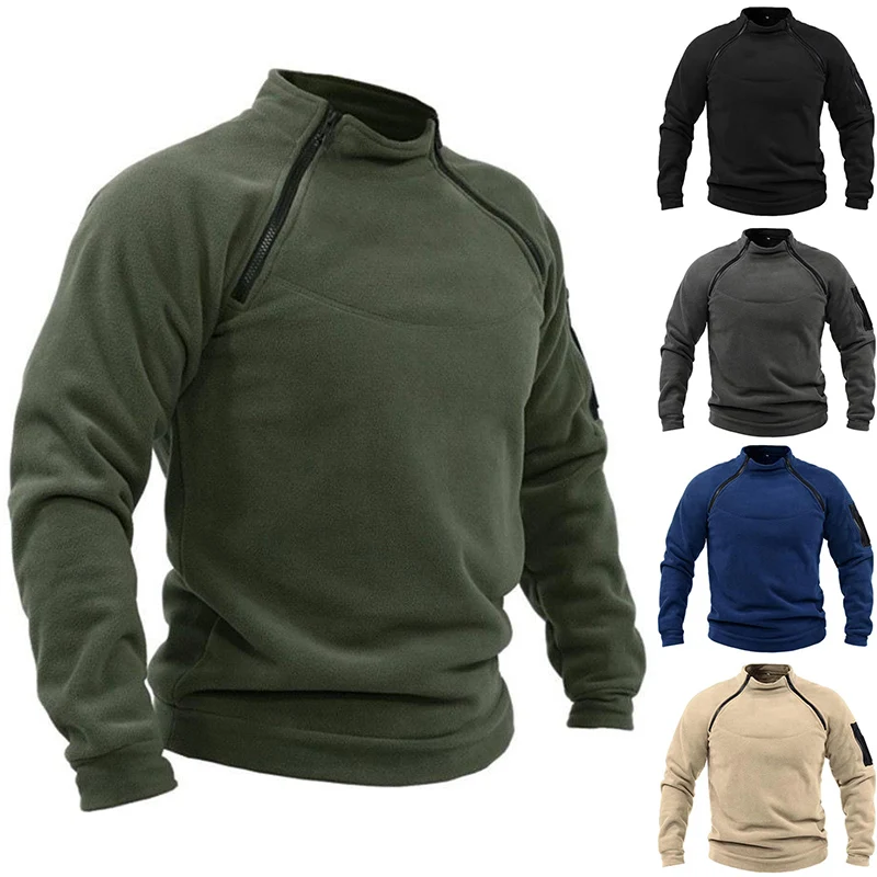 

Mens Tactical Outdoor Jacket Stand Collar Solid Sweater Hunting Clothes Warm Zipper Pullover Man Autumn Winter Male Thermal Coat