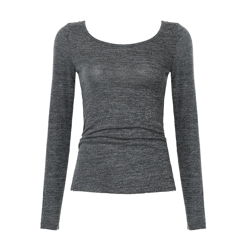 Women Long Sleeve Knitted Top Backless Lace-up Fashion Korean Side Split Fitted Tee Shirt Autumn Outfits Streetwear