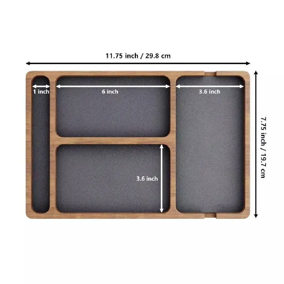 Scatola portaoggetti da scrivania in legno massello con divisori, organizer per cellulare, cuffie e piccoli oggetti, vassoio portaoggetti in legno - immagine 5