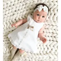Newborn Baby Girl Sweet Solid Color Dress Infant Toddler Bow Lace Hem Sleeveless Dress with Headband Two-Piece Princess Dress 1