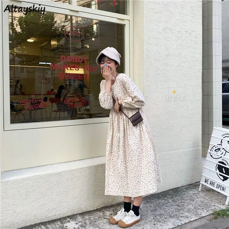 

Floral Dresses Women Long Sleeve Mid-calf O-neck Simple Leisure Loose Korean Style Girlish Sweet Sundress Streetwear Ulzzang