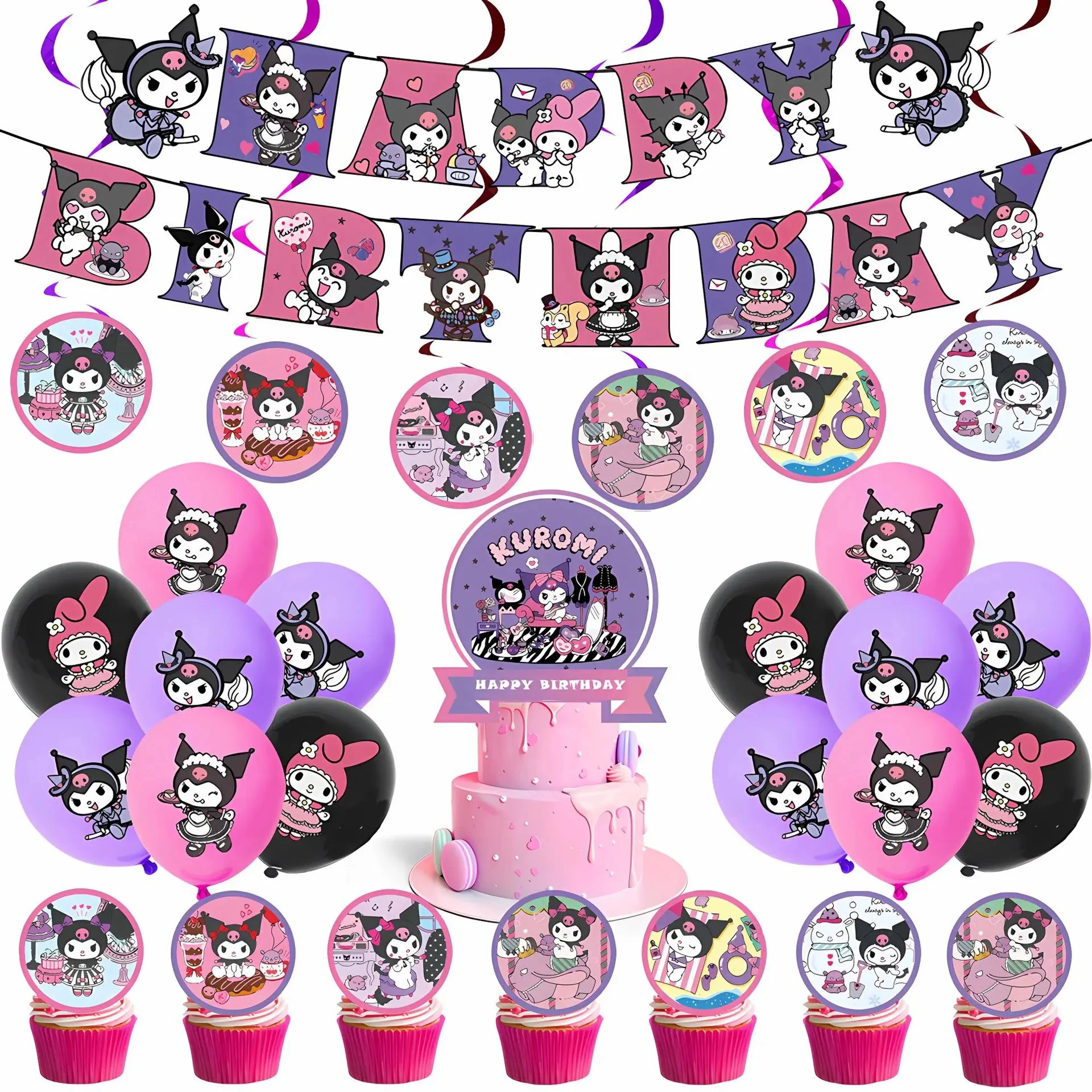 Kawali Kuromied Party Supplies Disposable Cups Plates Tablecloth Ballons Cake Topper for Kids Girls Birthday Party Decorations