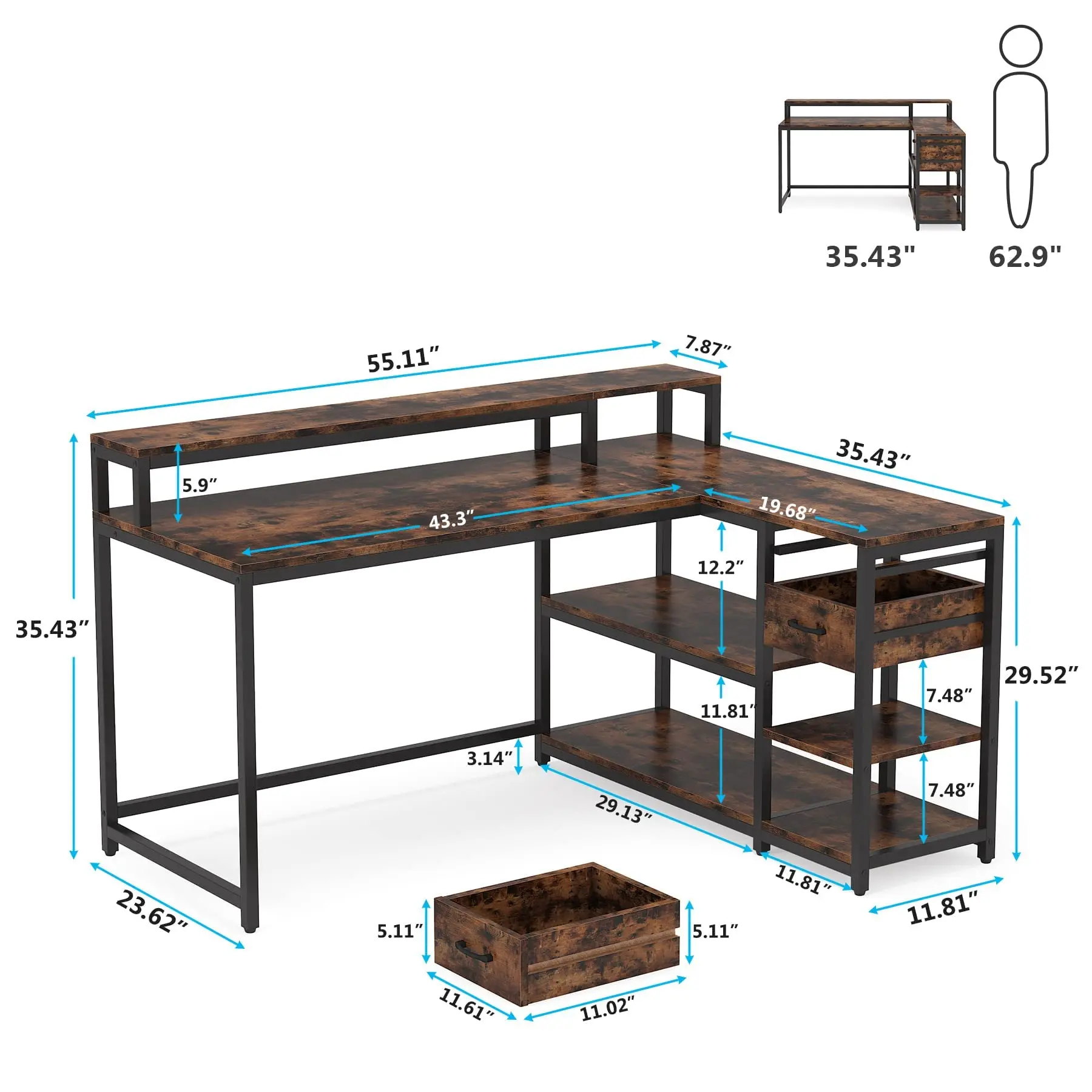Tribesigns reversible L shaped electric computer desk with drawer industrial corner desk home office table with shelves and monitor stand