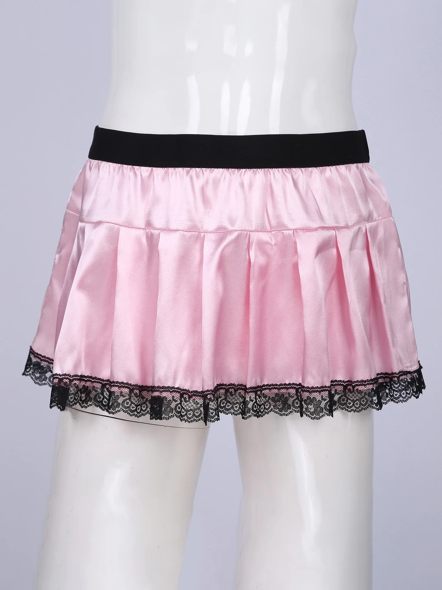 Soft Satin Skirt Man Sissy Gay Nightwear Lace Trim Pleated Miniskirt Solid Color Printed Skirt Men Role Play Theme Party Costume