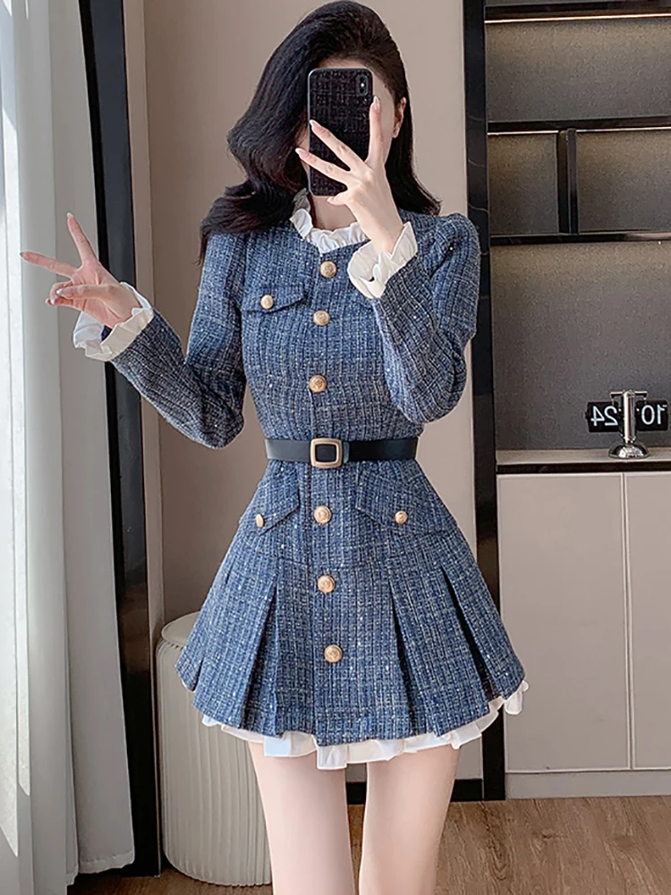 Women Blue Plaid Chic Bandage Bodycon Short Dress Autumn Winter
