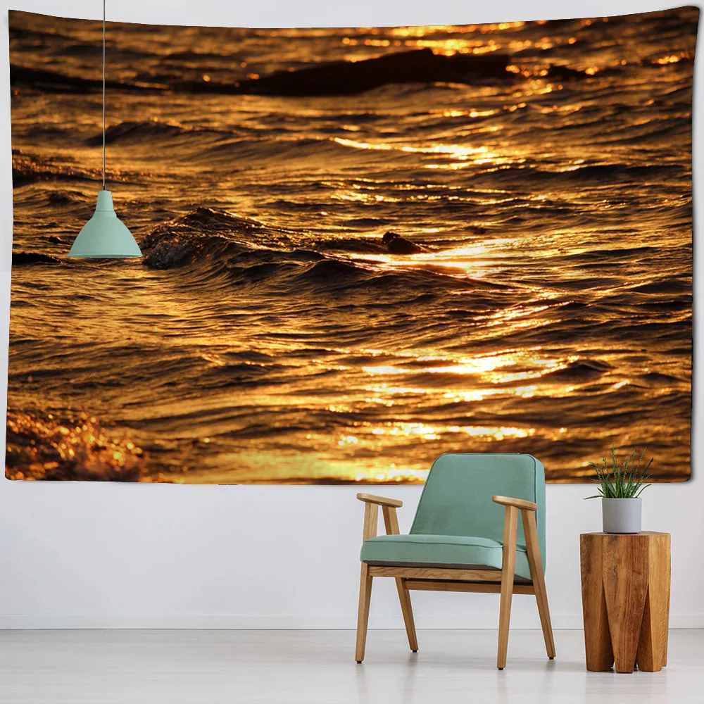 

Sunshine shining on the sea tapestry hippie wave art wall hanging cloth bed sheets, Bohemian living room home wall decoration
