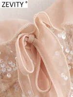 Zevity 2024 Women Chic Pleat Ruffles Sequined Design Chiffon Sling Camis Tank Lady Backless Short Crop Shirt Blouse Tops LS7195 - Image 6