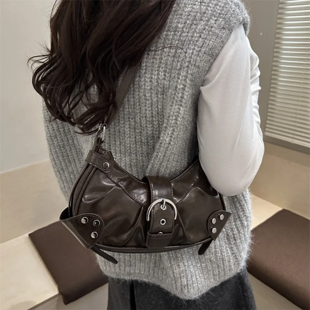Borsa a Spalla Casual Monocolore con Fibbia, Borsa Hobo in Pelle PU Stile Y2K, Borsa a Tracolla Gotica Spicy Girl, Borsa a Mano per Shopping - immagine 2