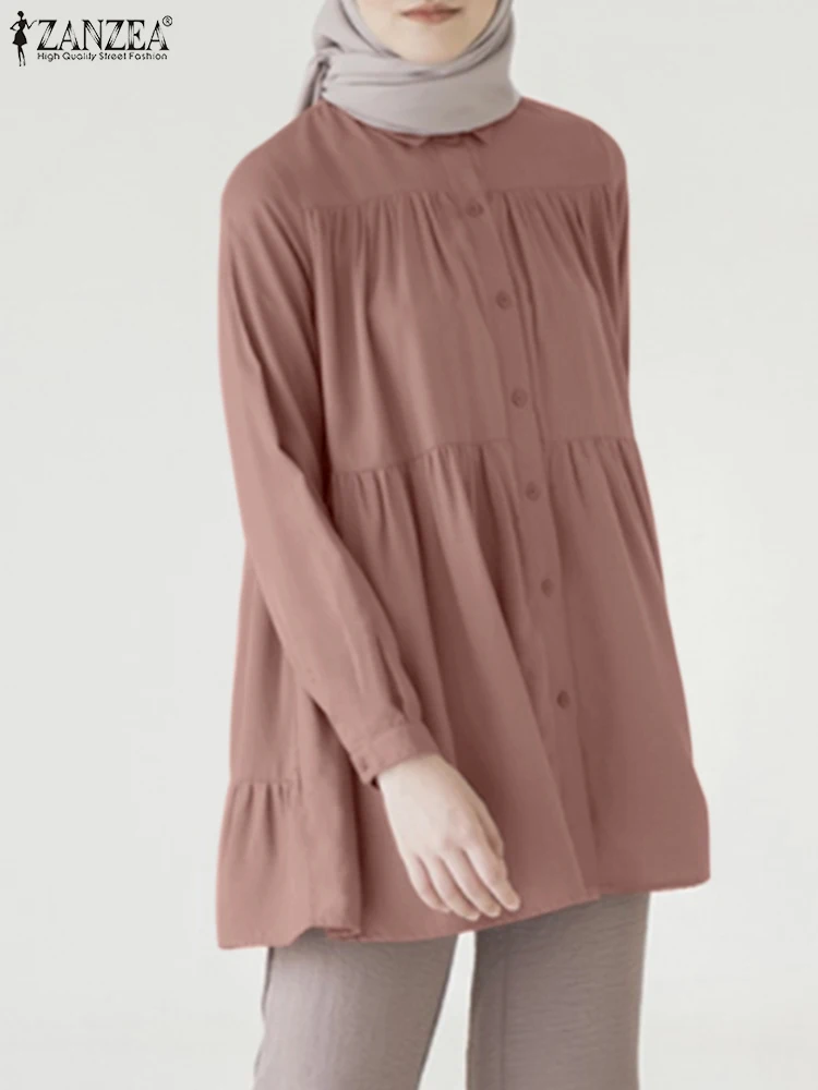 

2023 ZANZEA Fashion Autumn Long Sleeve Blouse Women Casual Solid Muslim Abaya Tops Female Loose Party Blusas Buttons Down Shirt