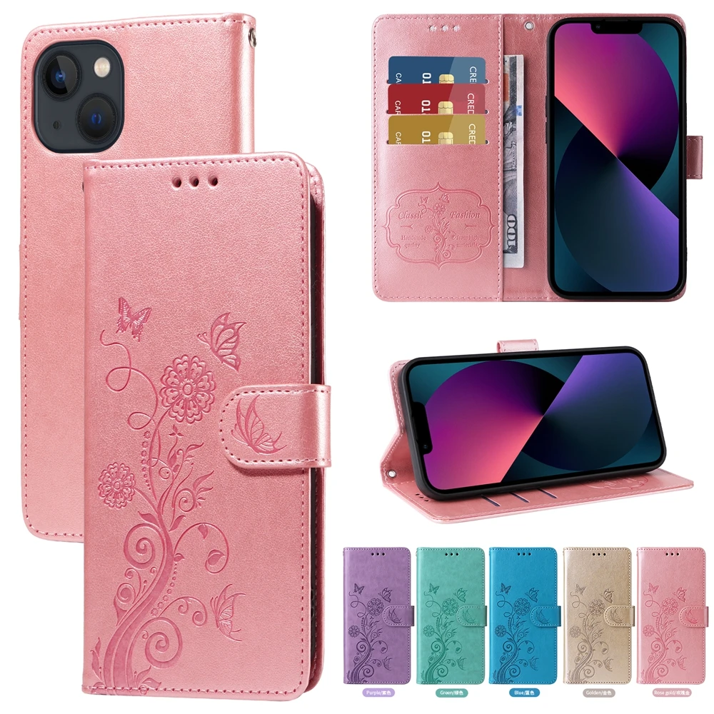 Elegant Embossed Butterfly Flower Magnetic Leather Wallet Case