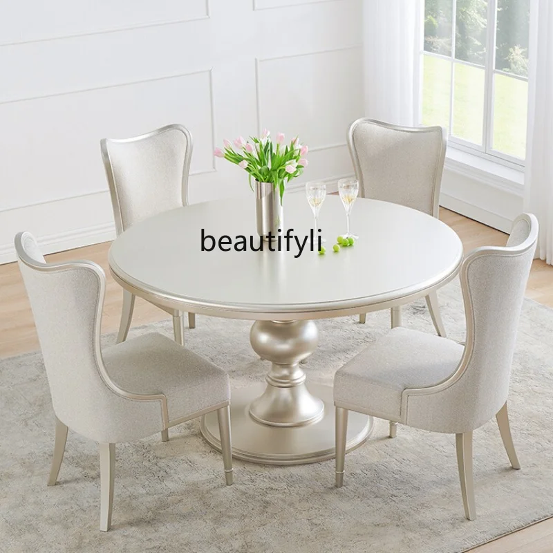 

American Light Luxury Modern Solid Wood round Dining Tables and Chairs Set French Retro Domestic Dining Table