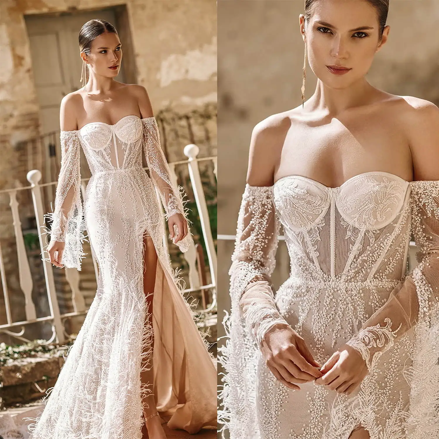 

Feather Mermaid Gown Wedding Dresses Flower Pattern Lace Bridal Gowns Strapless Big Size Vestidos De Novia Custom Size Colour