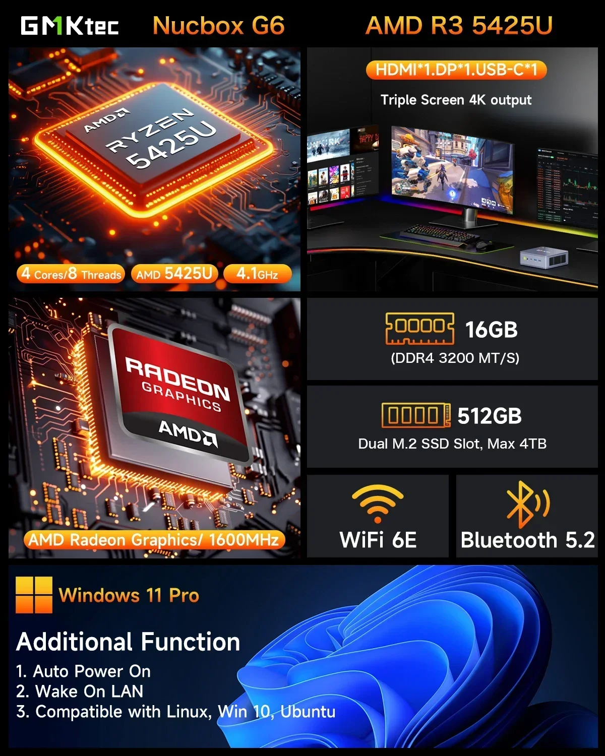 Мини-ПК GMKtec G6 AMD Ryzen 3 5425U Windows 11 Pro Мини-ПК DDR4 16