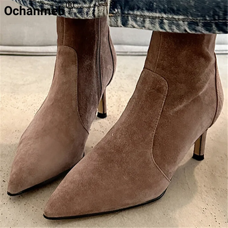 

Ochanmeb Women Kid Suede Thin High-heeled Boots Pointy Toe Zipper Heels Ankle Short Boots Black Brown Shoes Office Ladies Autumn