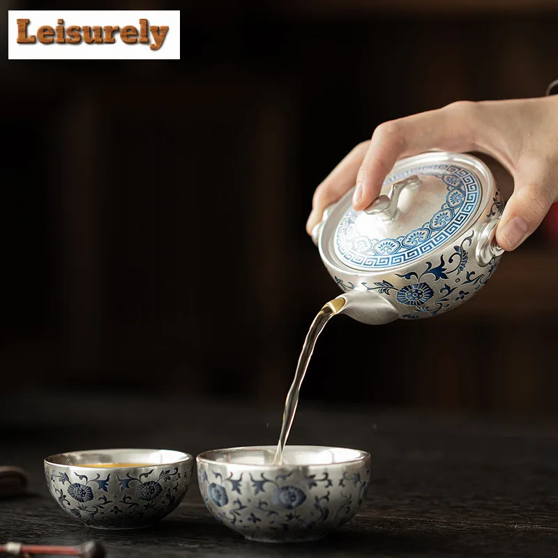 Gilt Silver Twining Lotus Travel Tea Set Kit Zen 1 Pot 2 Cups Tea Brewing Organizer Portable Picnic Tote Bag White Porcelain Set