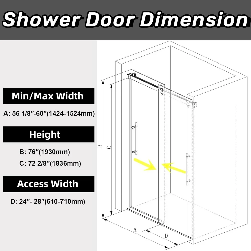 Frameless Shower Door, 56 1/8“-60” W X 76“ H, Aluminum, 5/16”8mm Clear Tempered Glass , with Handle, Double Sliding Shower Door 6