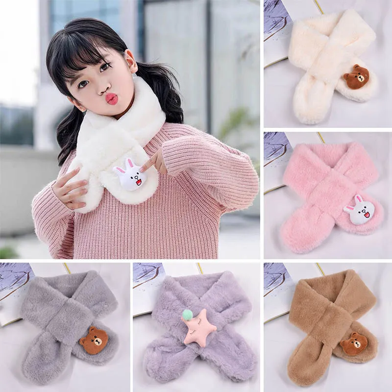 Winter Push Baby Scarf Cute Rabbit Bear Doll Scarves for Boy Girl Warm Soft Faux Fur Kids Cross Neckerchief baby scarf wool scarf rabbit fur scarf
