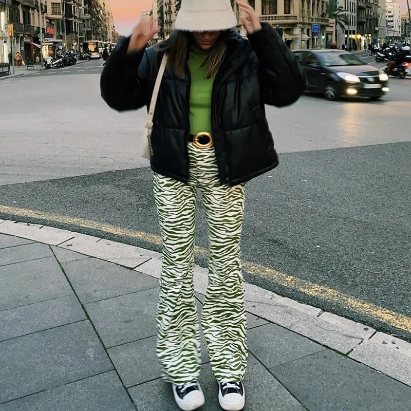 Summer Green Striped High Waist Wide Leg Pants Women Button Fly Bell-bottomed Pants Printed Casual Commute All-match Trousers