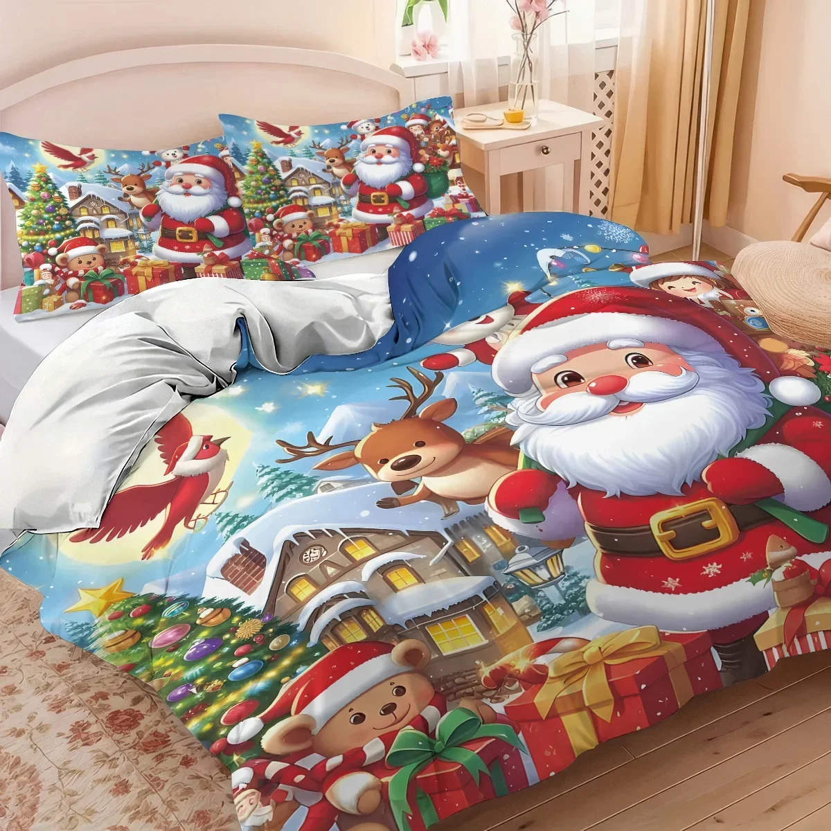 3pcs Cartoon Santa Claus Printed Chipless Bedding Set Bedroom Dormitory Soft Duvet Cover Multiple Sizes Machine Washable